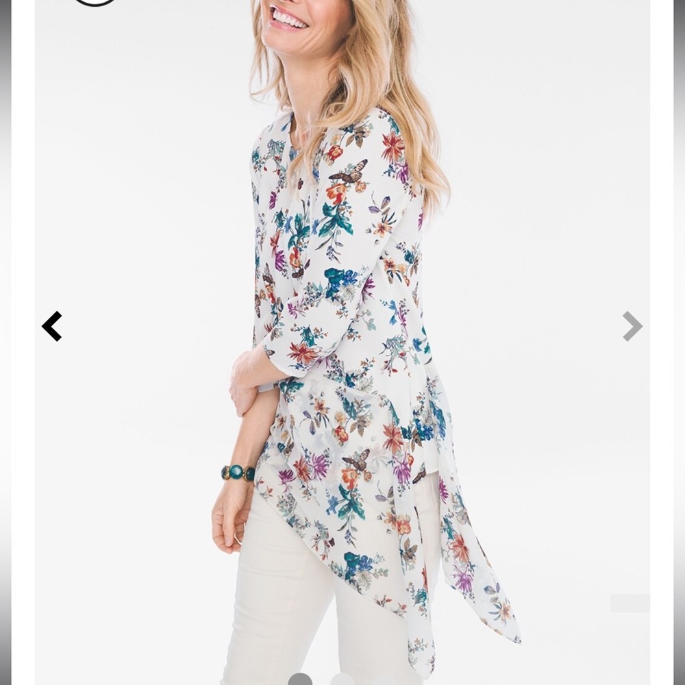 Chicos Top Blouse Women's XL White Purple Floral Butterfly Asymmetrical Hem